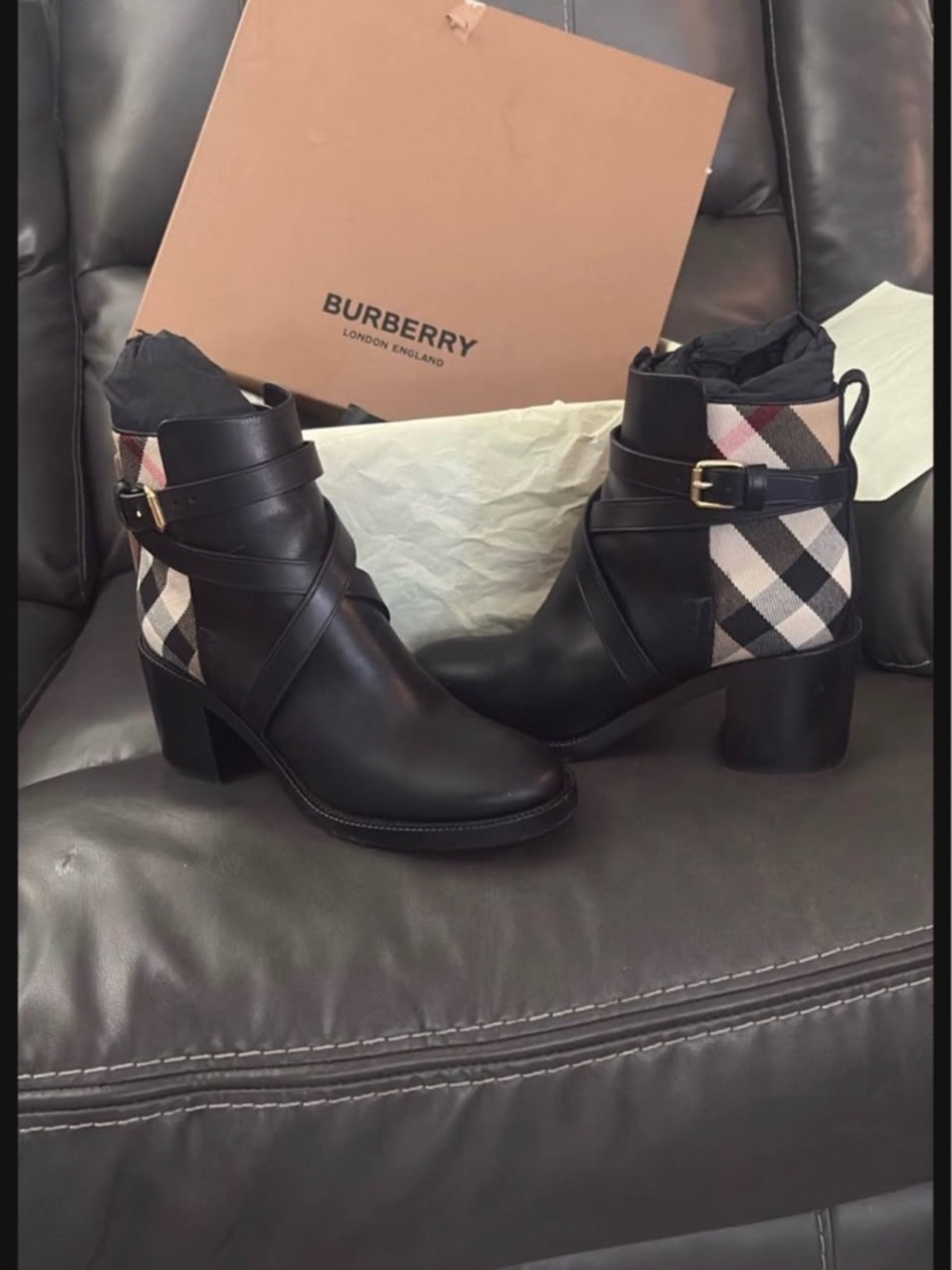 Burberry Black Leather Ankle Boots with Signature Check Panel